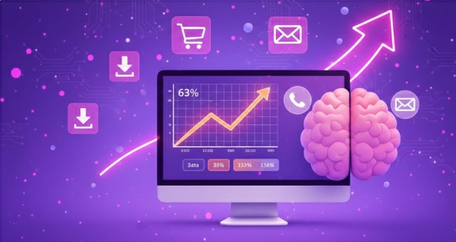 Ekran komputera na którym pokazane są strzałki symbolizujące wzrost liczby konwersji z kampanii Google Ads. Wokół ekaru są ikony koszyka zakupowego, koperta, ikona pobrania - symbole typów konwersji.