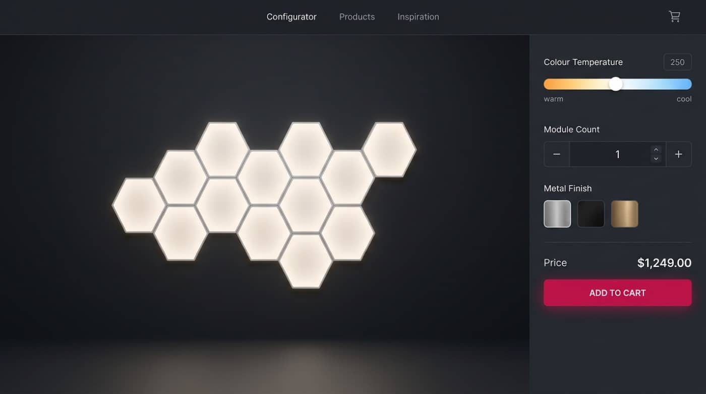 Przykładowy konfigurator 3D modułowego systemu oświetlenia LED — temperatura barwowa i wykończenie