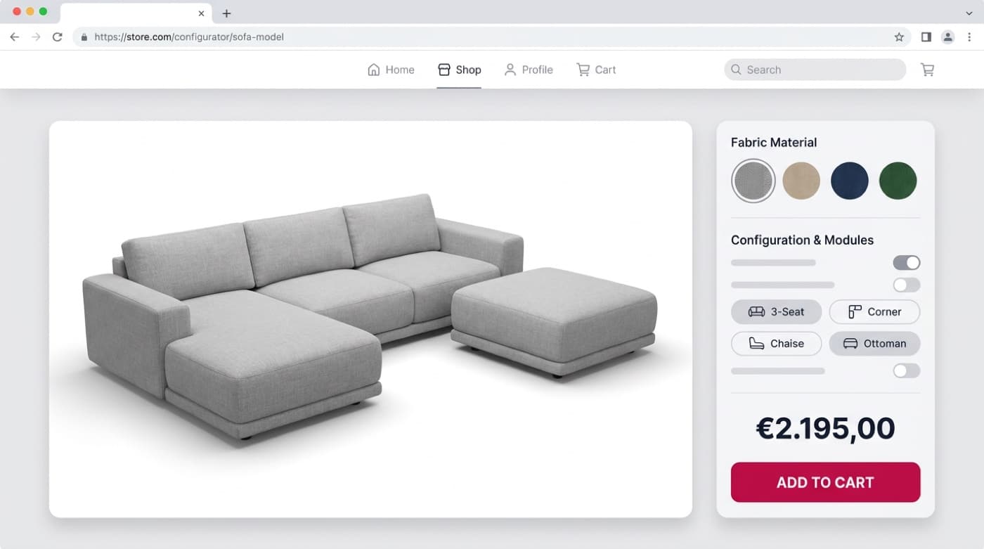 Przykładowy konfigurator 3D sofy modułowej — wybór tkaniny, modułów i wymiarów z ceną online