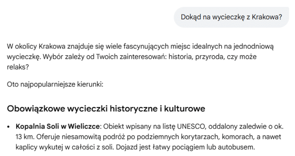 wynik odpowiedzi AI dla wycieczki z Krakowa